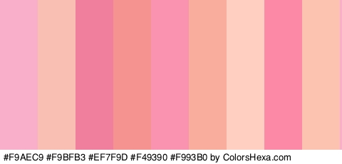 #F9AEC9 #F9BFB3 #EF7F9D #F49390 #F993B0 #F9AE9D #FFD0C1 #FC8AA7 #FCC4B0 Colors Logo