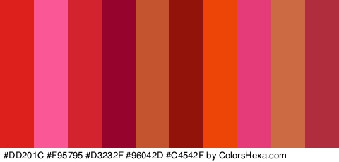 #DD201C #F95795 #D3232F #96042D #C4542F #91130A #ED4407 #E53B79 #CC6A43 #AF2D3C Colors Logo